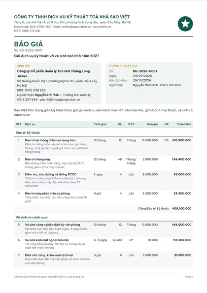 Trang 1 của báo giá mẫu ngành Dịch vụ: Gói dịch vụ kỹ thuật và vệ sinh toà nhà năm 2027.